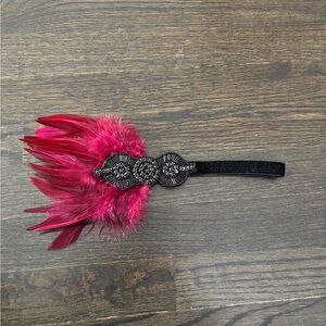 Black and Burgundy Beaded 1920s Feathered Flapper Handmade Sparkly Headband